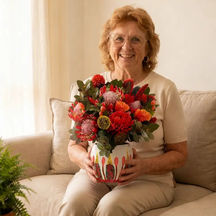 Kirribilli Sunset Australian native paper pop-up bouquet of waratah and proteas — PetalPal
