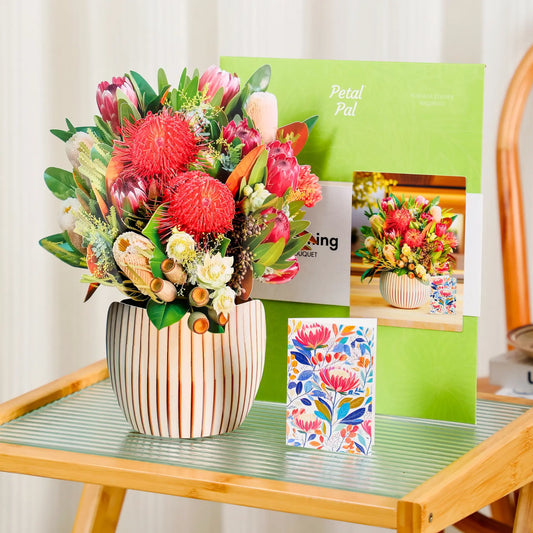 Yarra Dreaming Australian native paper pop-up bouquet of proteas and eucalyptus — PetalPal